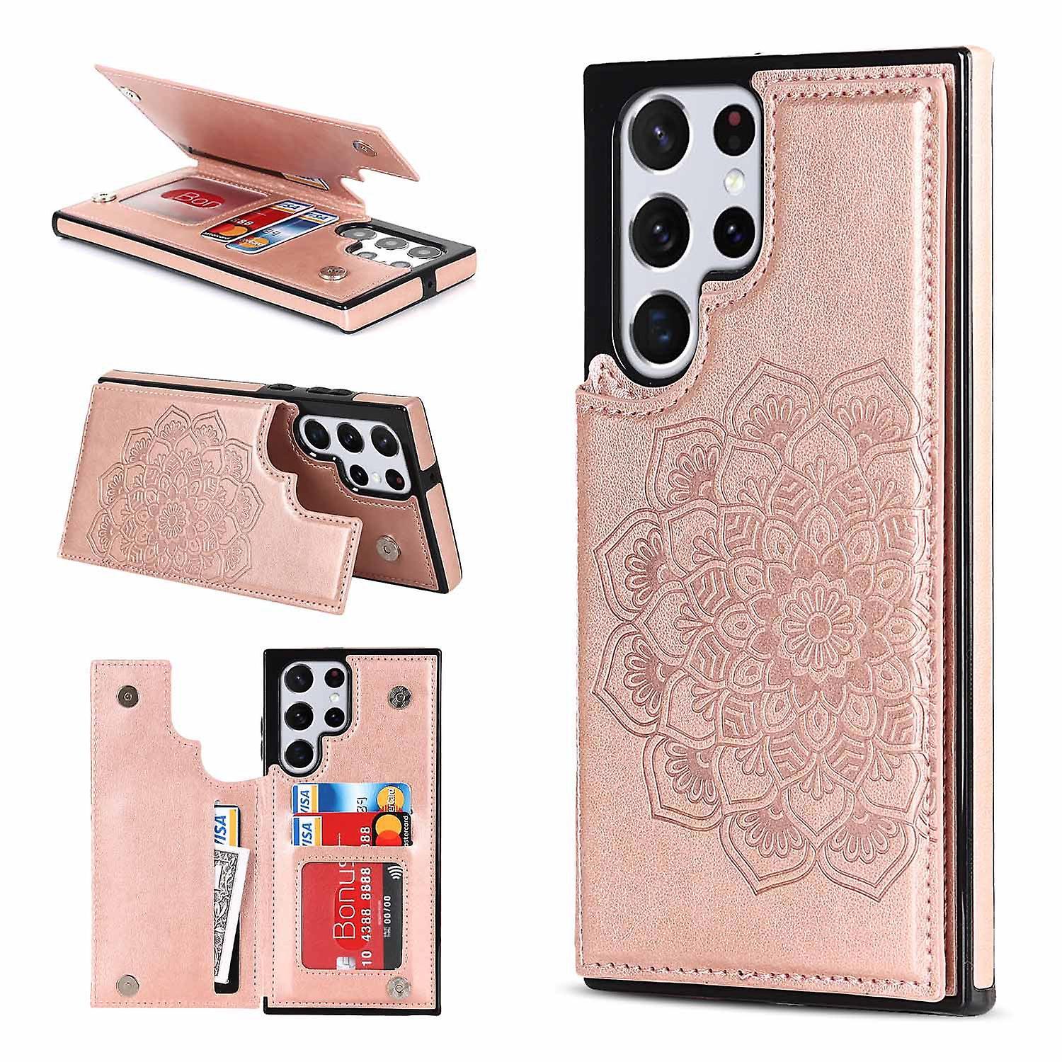 Frusde For Samsung Galaxy S24 Ultra Case With Card Holder, Flower Magnetic Back Flip Wallet Protective Cover For Women Rose Gold For Galaxy S24 Ultra