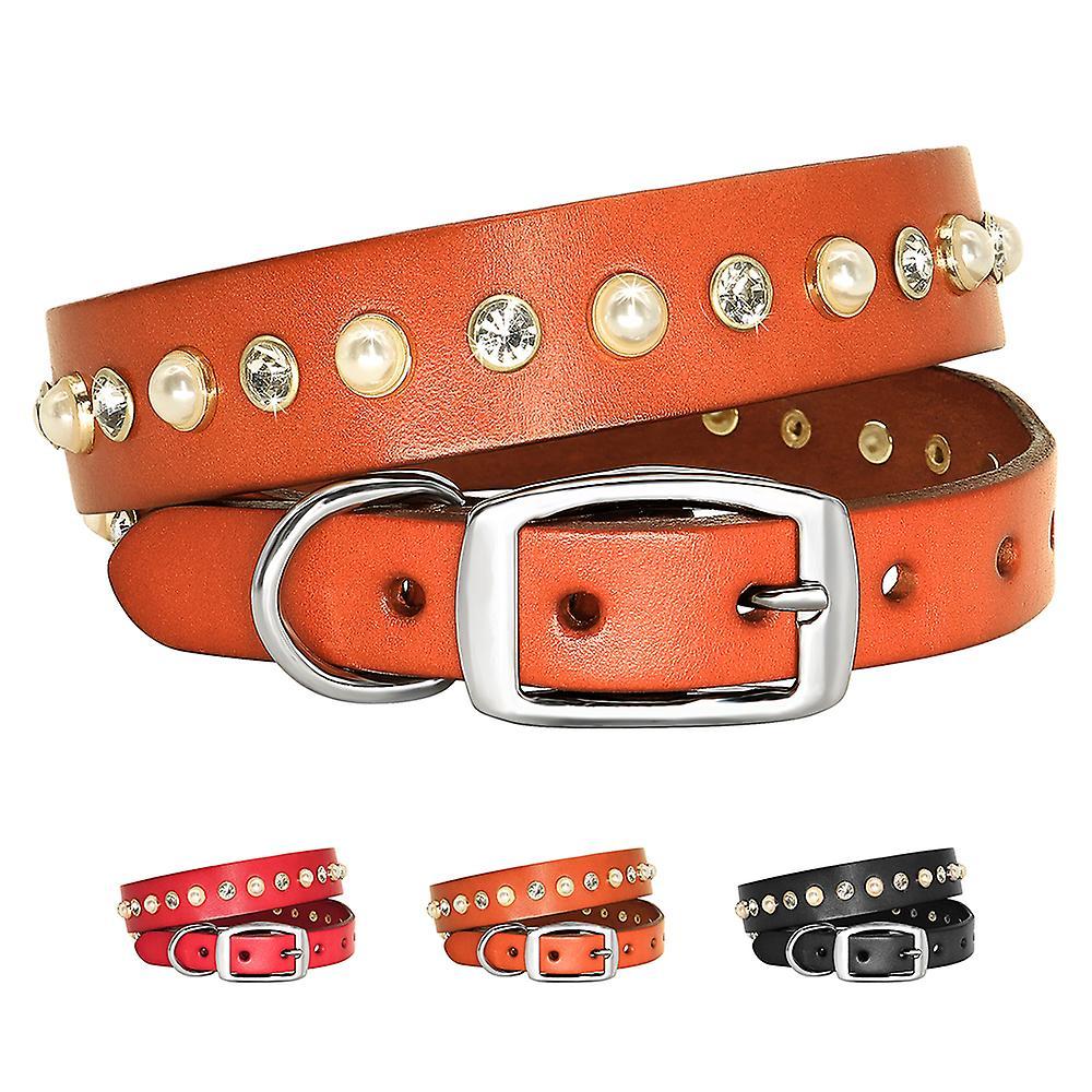 Didog Bling Leather Dog Cat Collars for Pet Puppy Chihuahua Yorkie Brown S:Neck 25-32cm