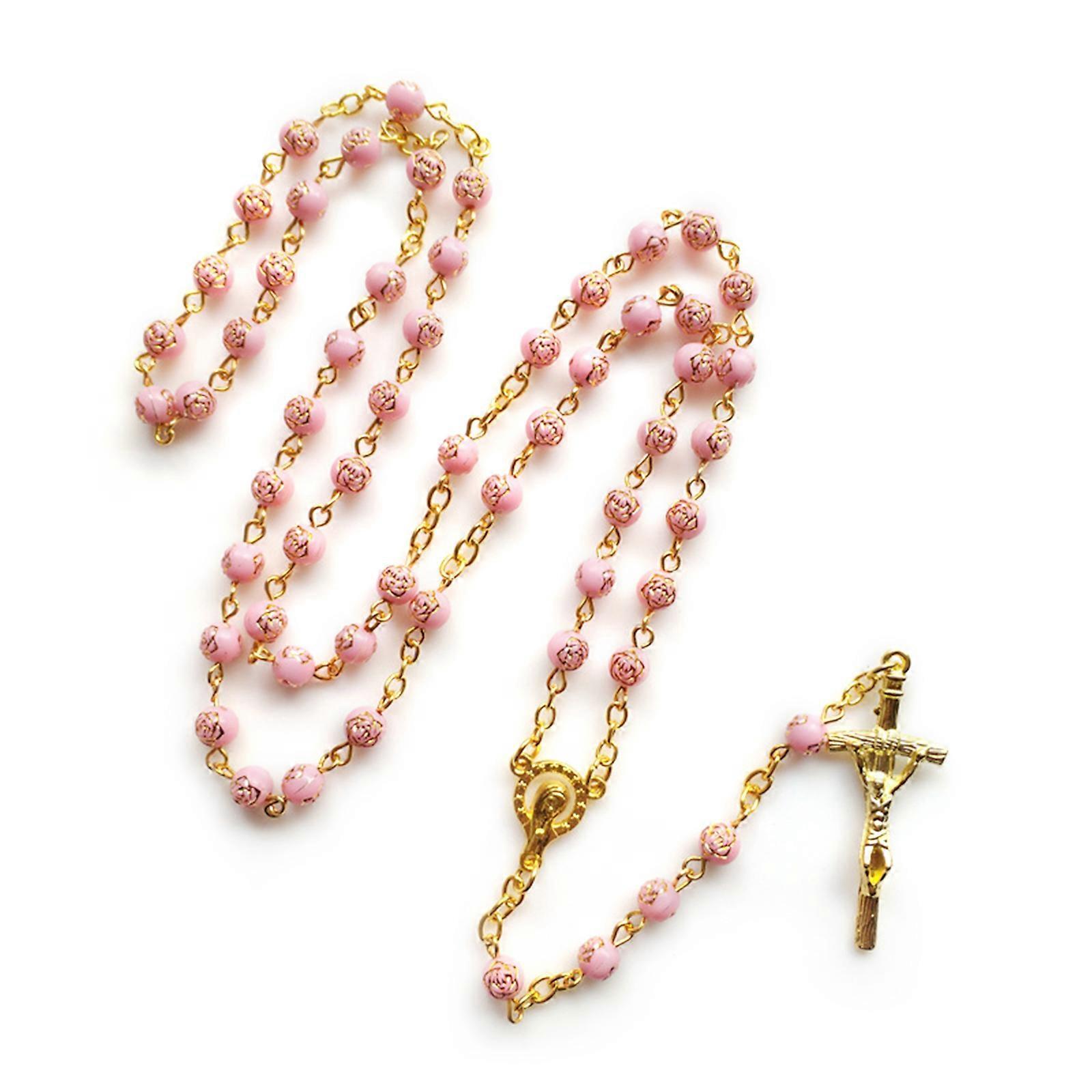 unbrand 6mm Rose Beads Rosary Necklace with Jesus Crucifix for Cross Pendant Necklaces Catholic Prayer Gifts for Men Women