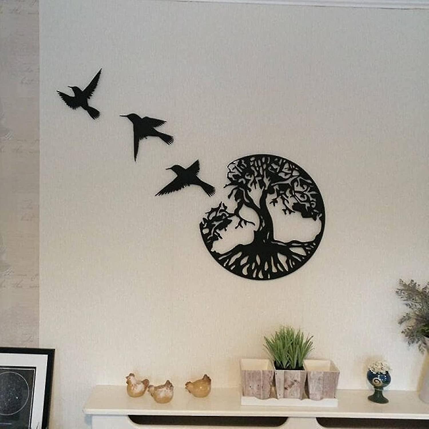 Sqyg 11.8" Black Metal Tree Of Life Wall Art - 3 Flying Birds Wall Sculpture