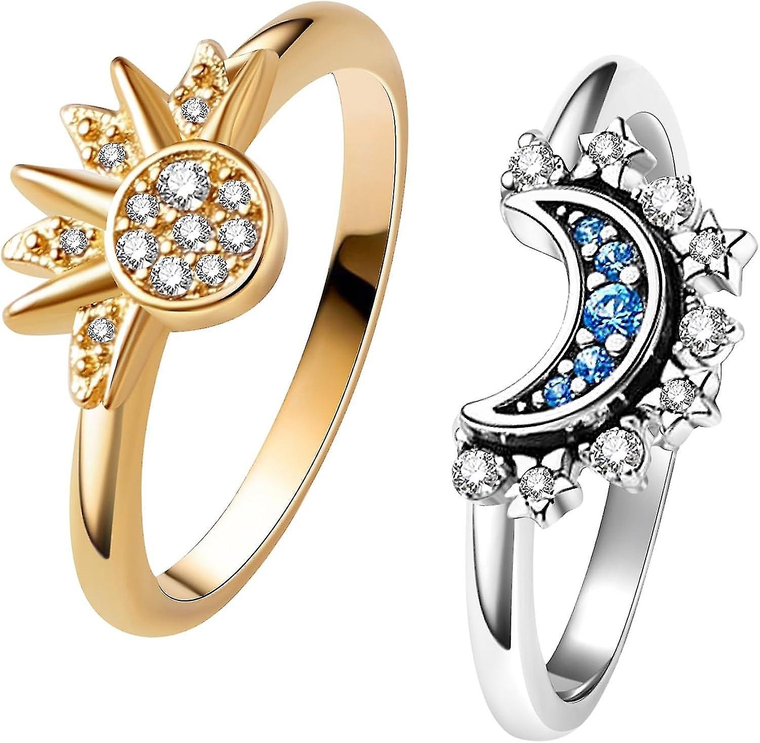 Bebetter Celestial Sun And Moon Ring Set, Sparkling Sun Ring/blue Moon Ring With 14k Gold/silver Plating, Fri