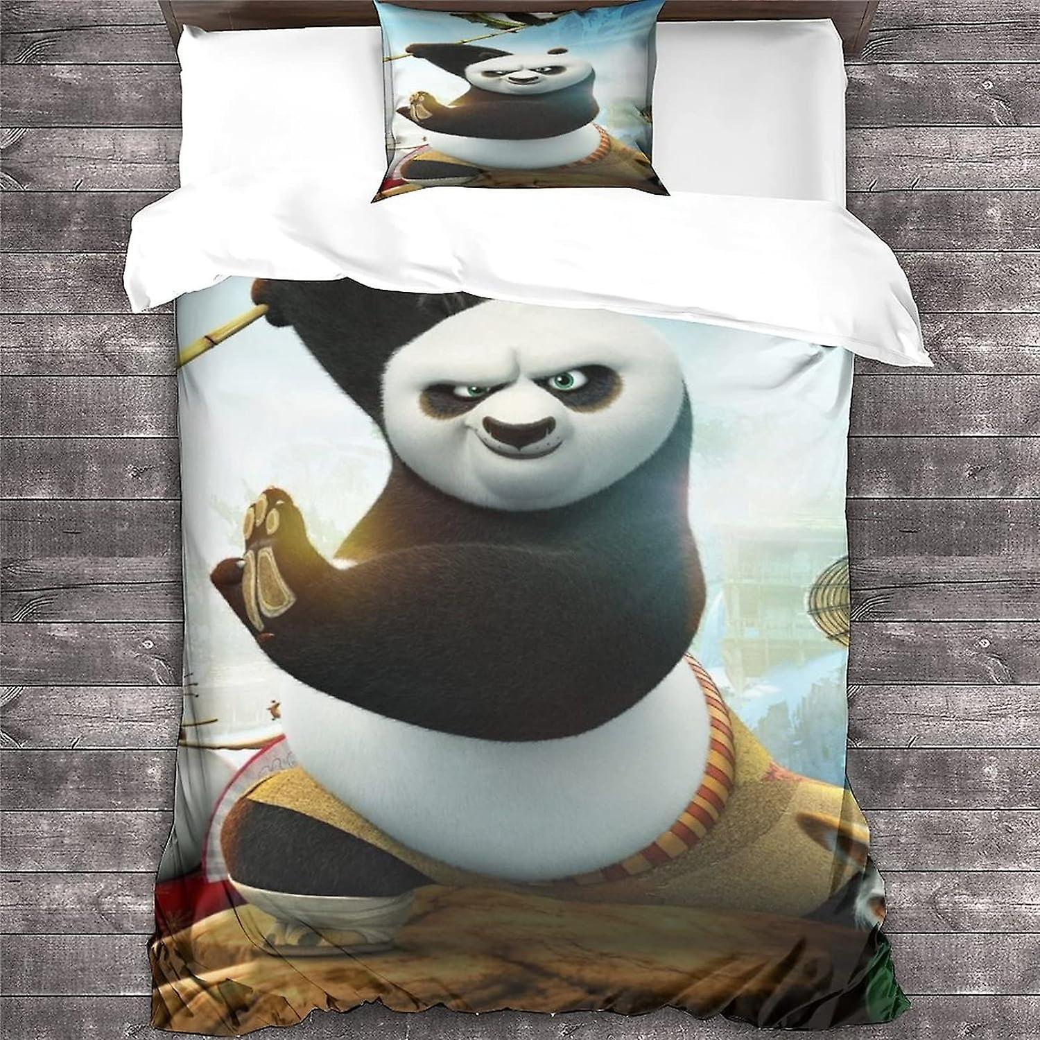 Kerota Kung Fu Panda Animation Print Microfiber Bedding Set, with Duvet Cover and Pillowcases, Suitable for Boys and Girls Single135x200cm