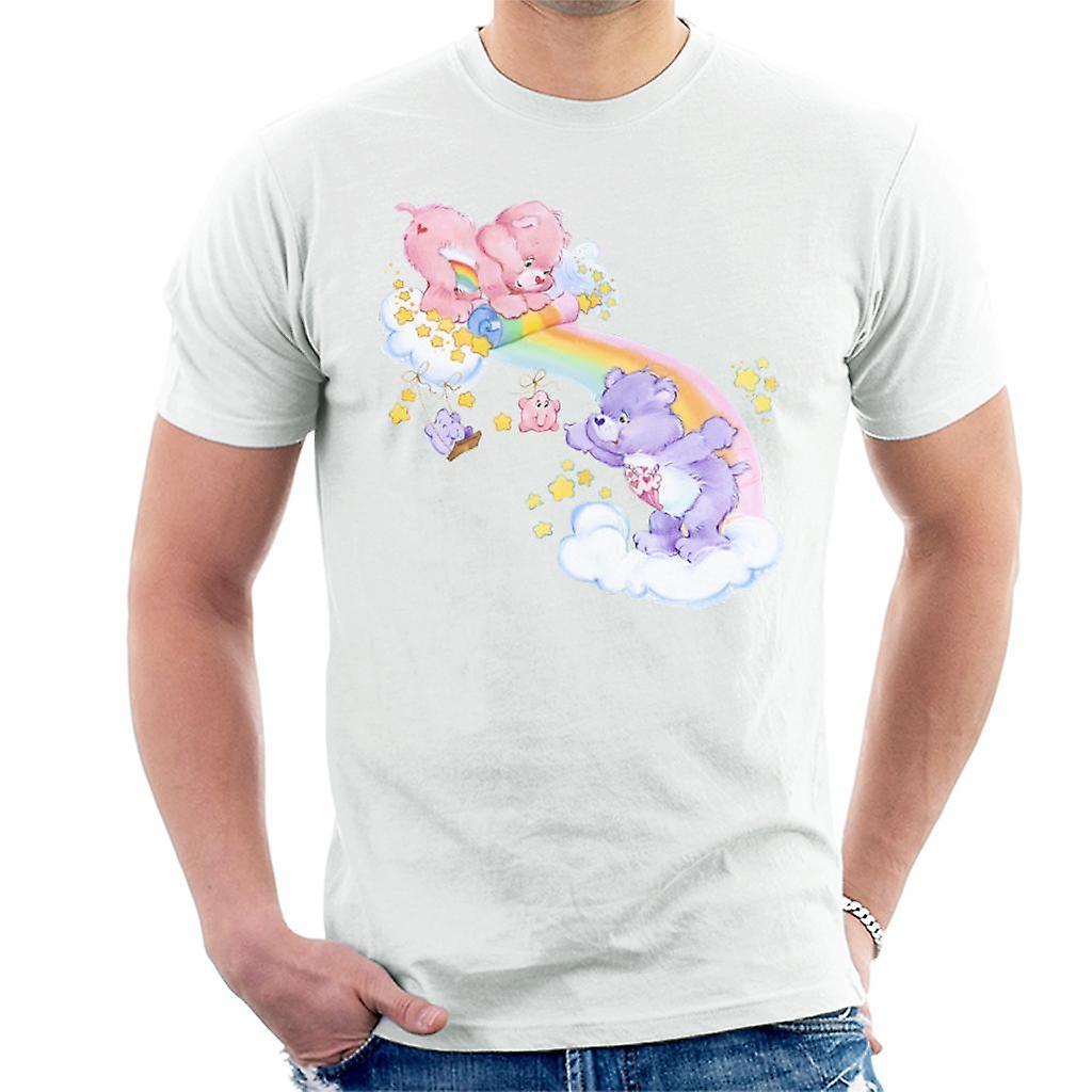 Care Bears Cheer Bear And Share Bear Unrolling A Rainbow Men's T-Shirt White Large