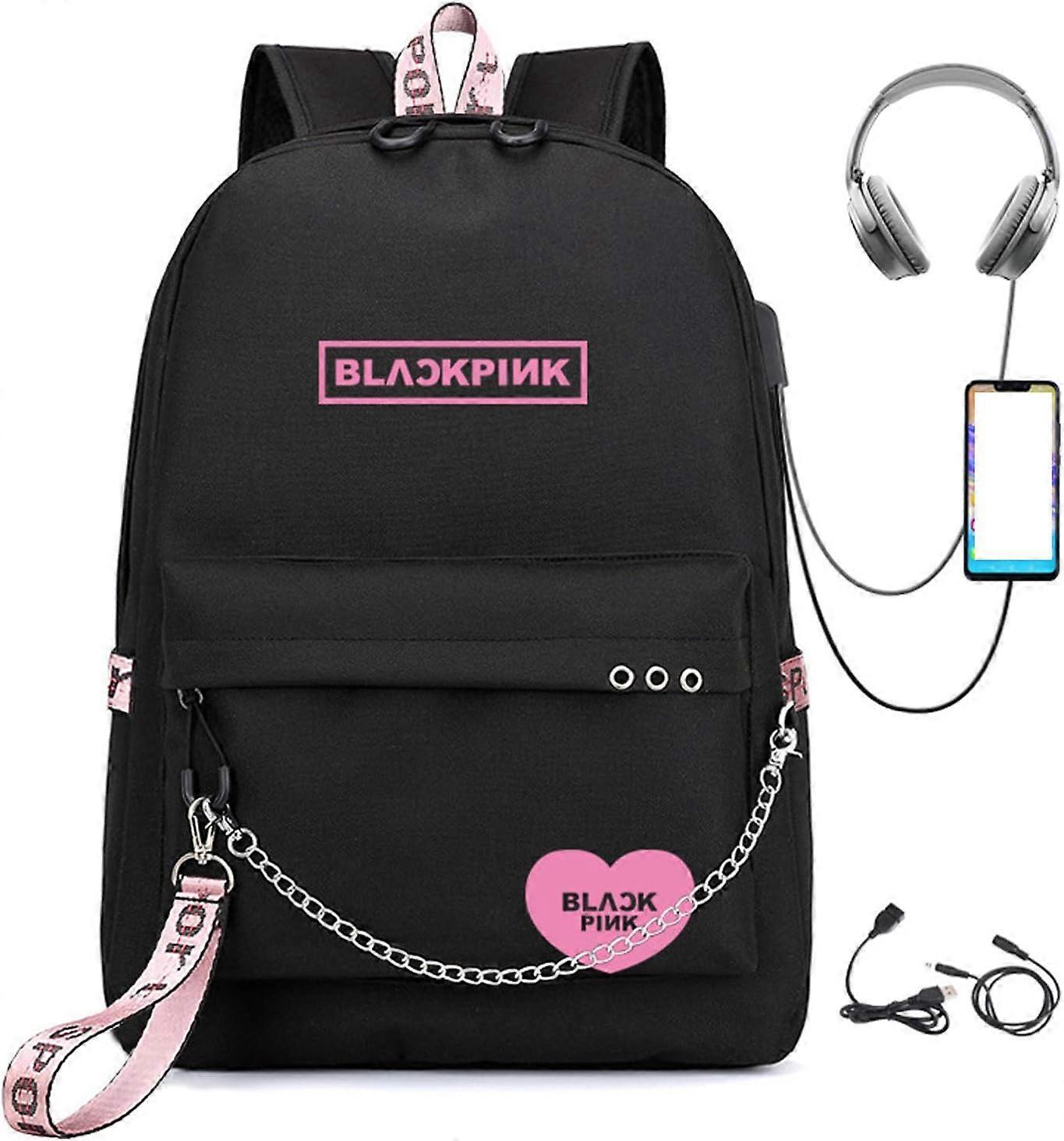 Heyone Kpop Backpack Lisa Rose JISOO Jennie Shouler Bag Messenger Bag Fashion USB Charging Backpack (black 2)