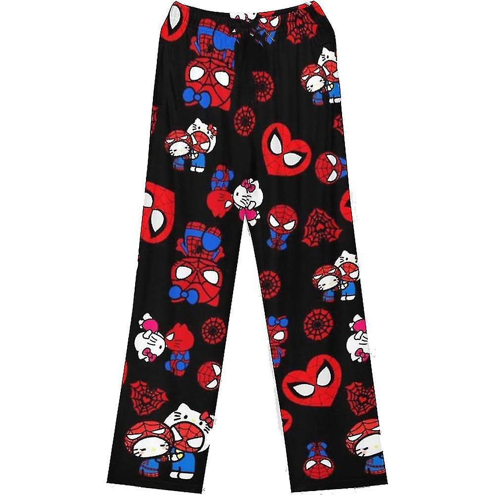 Womens Ladies Hello Kitty Spiderman Pajamas Pants Flannel Autumn Cozy Warm Soft Home Trousers,WHBYV Black Kitty L