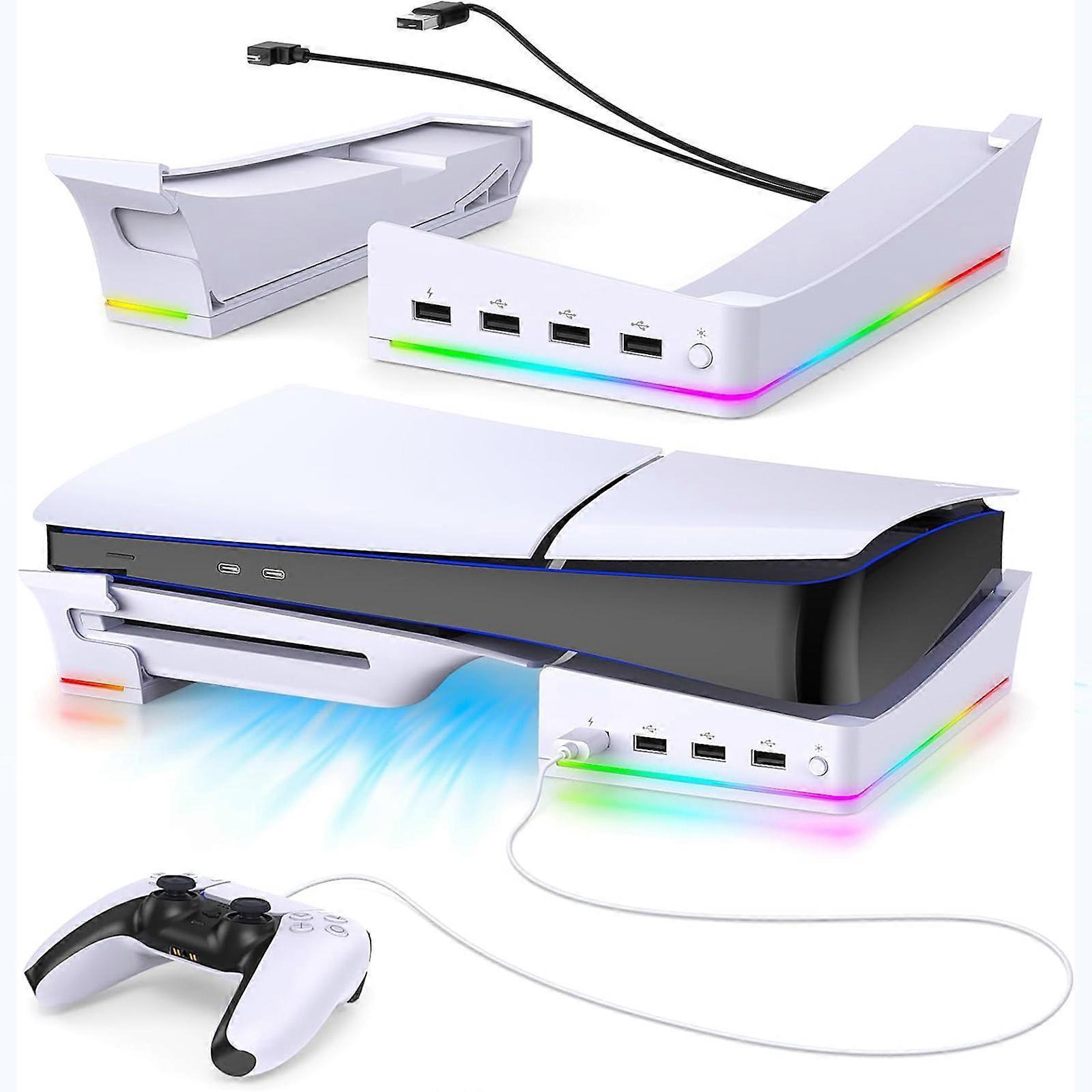 Unbrand PS5 Slim Horizontal Stand, RGB Horizontal Stand Compatible with Playstation 5 Slim Disc & Digital, with 14 Light Mode and 4 USB Hubs White