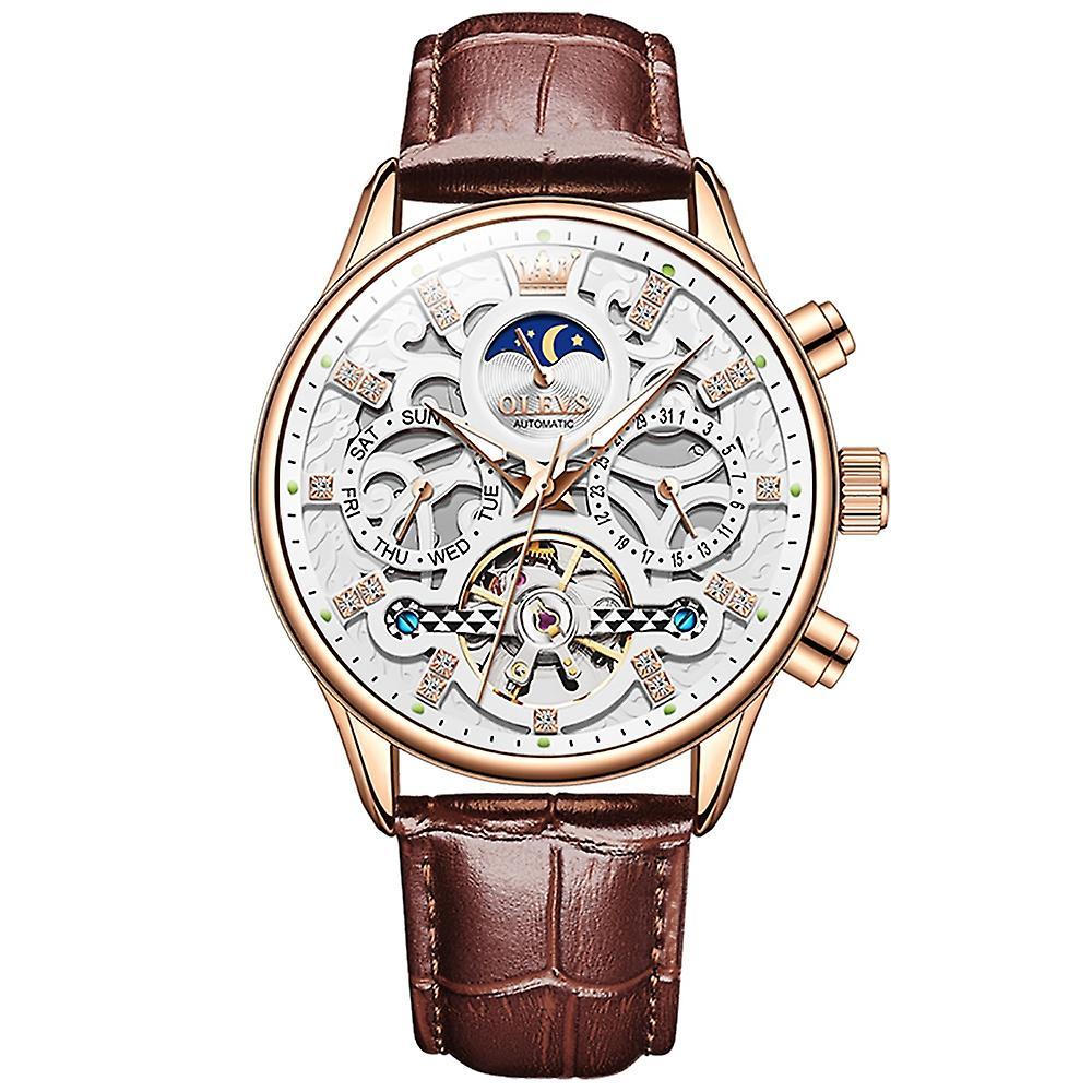 Olevs 6658 Men Leather Strap Mechanical Watch Blue + Rose Gold White   Rose Gold