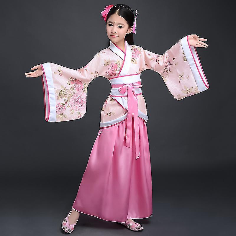 Litzee Chinese Robe Costume Girls Children Kimono China Traditional Vintage Ethnic Fan Students Chorus Dance Costume Hanfu 4 130