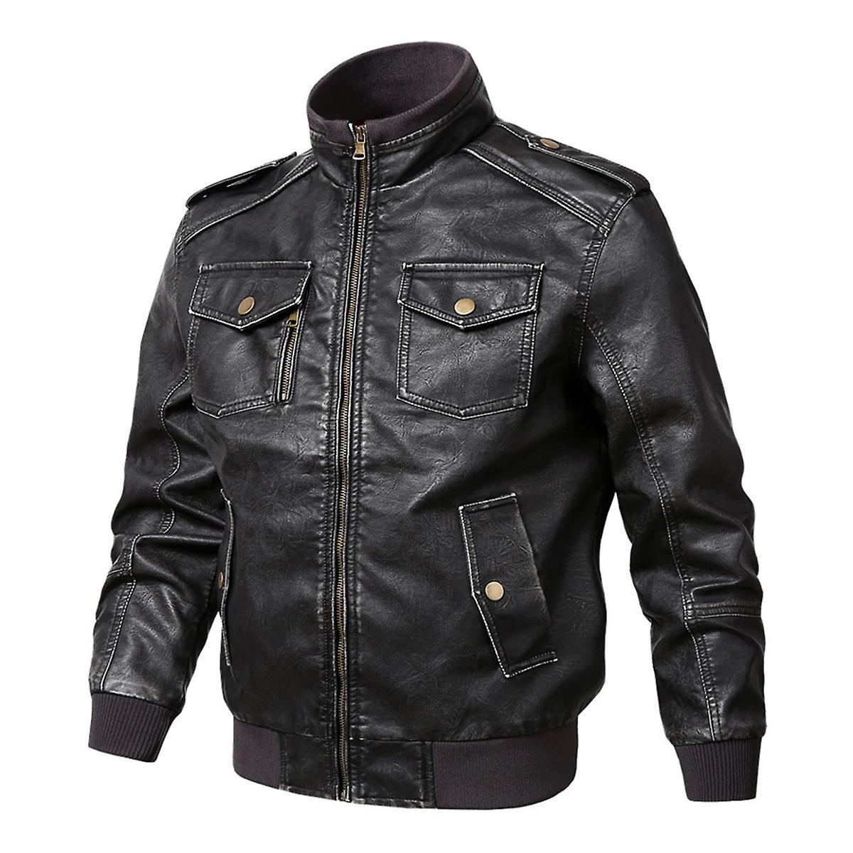 Allthemen Mens Casual Stand Collar Loose Leather Jacket Black 2XL