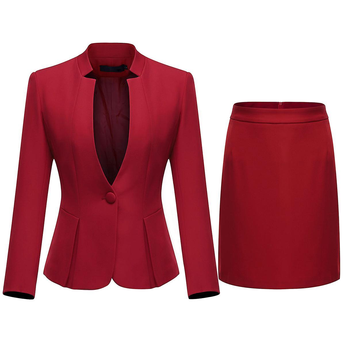 Cloudstyle Women's 2 Piece Business Solid Color Slim 1 Button Skirt Suit Set Red XL