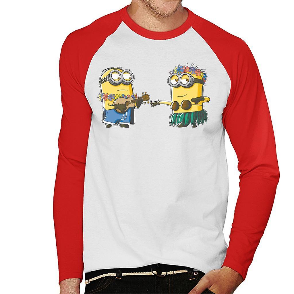 Despicable Me Minions Hula Men's Baseball Long Sleeved T-Shirt White/Red Large