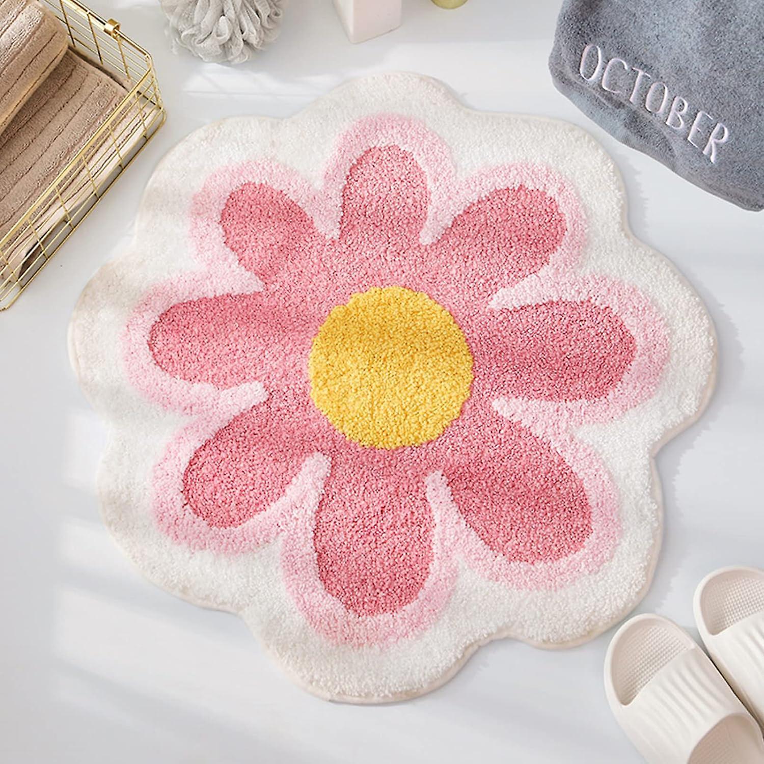 Phwj Cute Bath Mat 40cm x 40cm (Pink), Soft Fluffy Flower Shaped Microfiber Water Absorbent Non-Slip Toilet Bathtub Shower Bathroom Mat