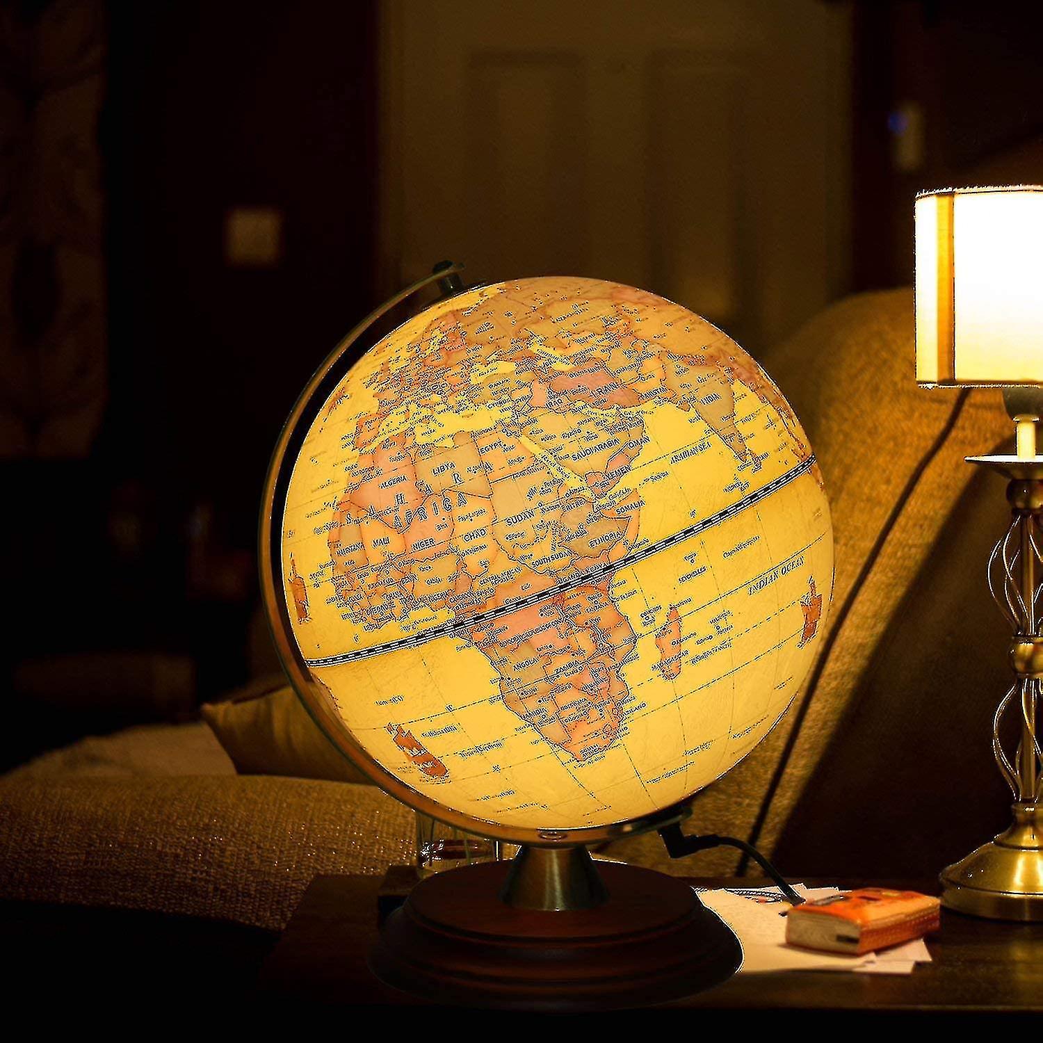 Sbdy Illuminated World Globe For Kids With Wooden Stand,built In Led For Illuminated Night View Antique Globe