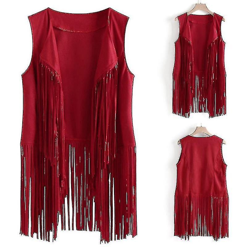 Treingi 1920s Womens Cowboy Cowgirl Tassel Waistcoat Sleeveless Vest Hippie Jacket Retro Motorcycle Coat Red XL