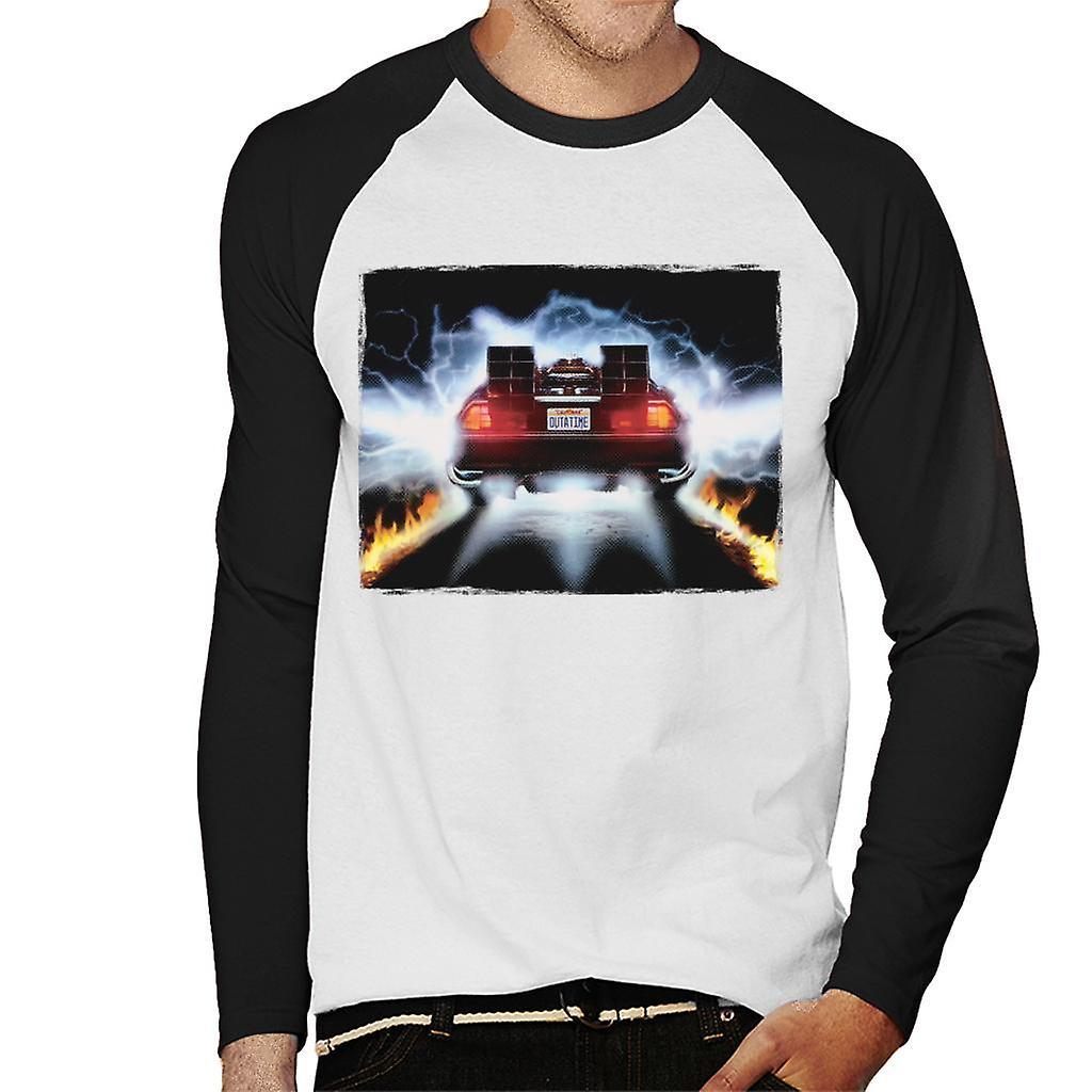 Back to the Future Delorean Taking Off For Time Travel Men's Baseball Long Sleeved T-Shirt White/Black Medium