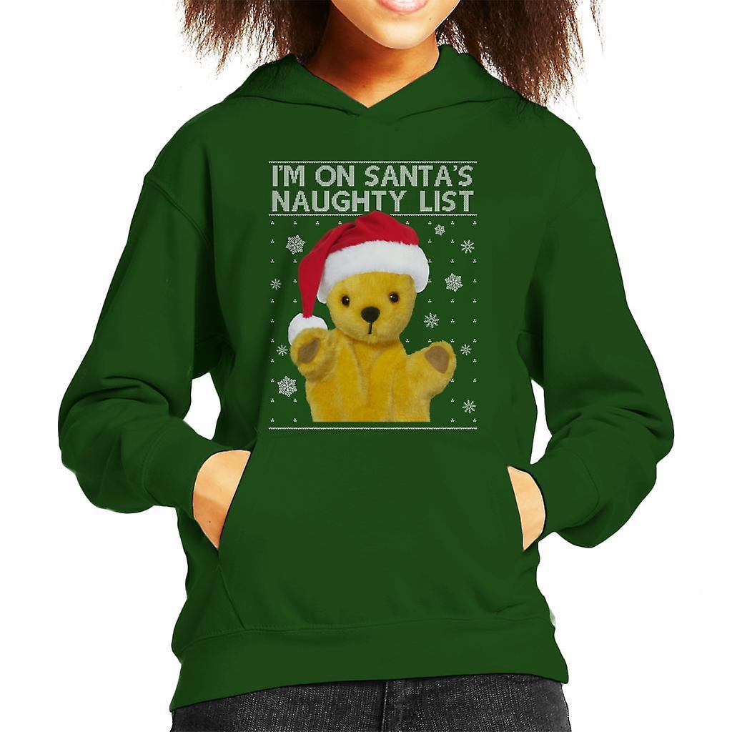 Sooty Christmas Im On Santas Naughty List Kid's Hooded Sweatshirt Bottle Green Large (9-11 yrs)