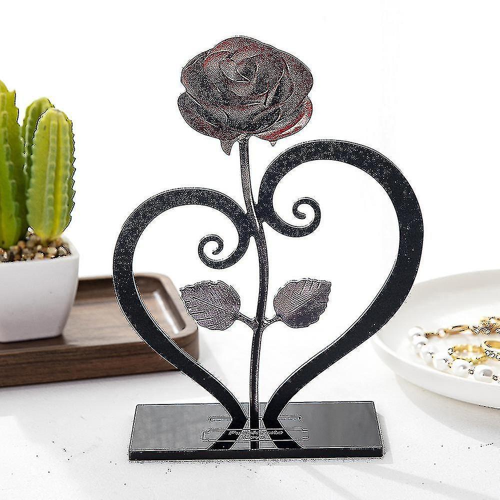 Vonkayi Hand-forged Wrought Iron Red Metal Rose With Heart-shaped Stand