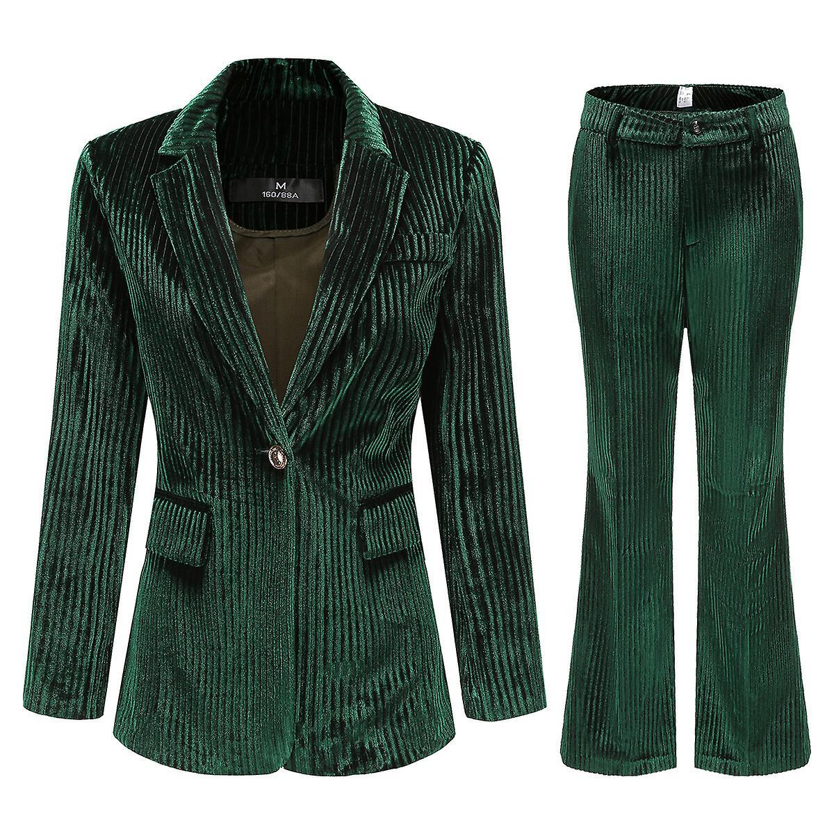 Allthemen Womens 2-Piece Formal Professional Office Lady One Button Suede Pants Suit (Blazer and Pants) Green L