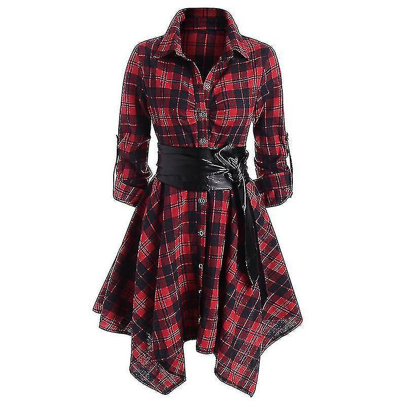 DUqi Women's Plaid Dress Long Sleeve Button Down Belted Shirtdress Best Gift Red M