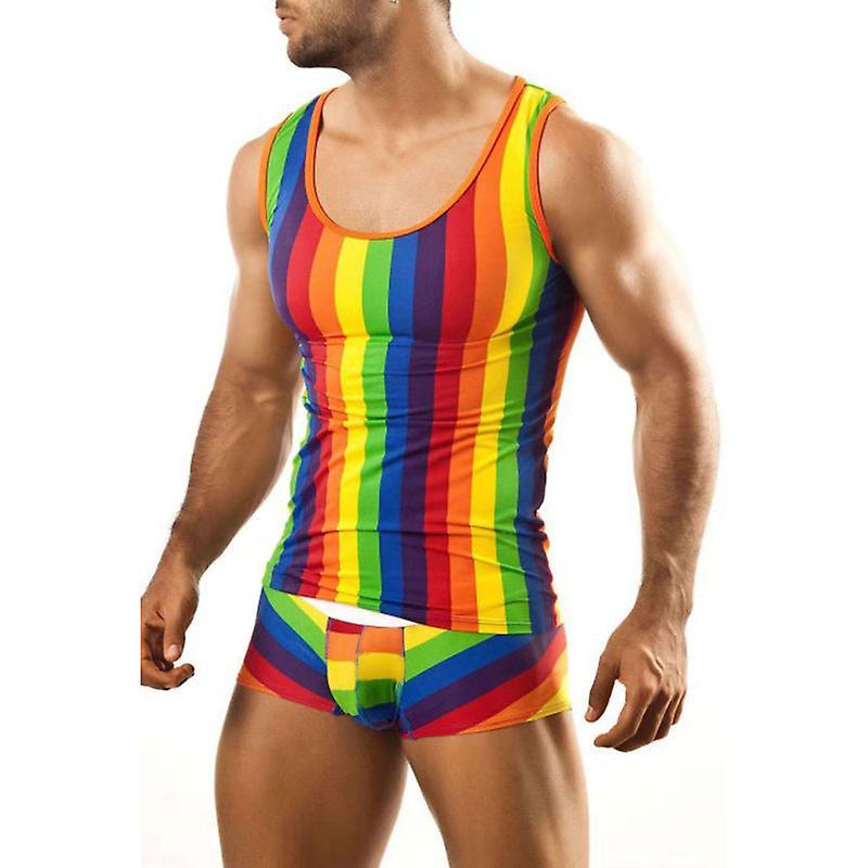 Ajhjn Mens Pyjamas Set Rainbow Stripe Print Sleeveless Tank Top Summer Daily Sexy Shorts 2 Piece Set L