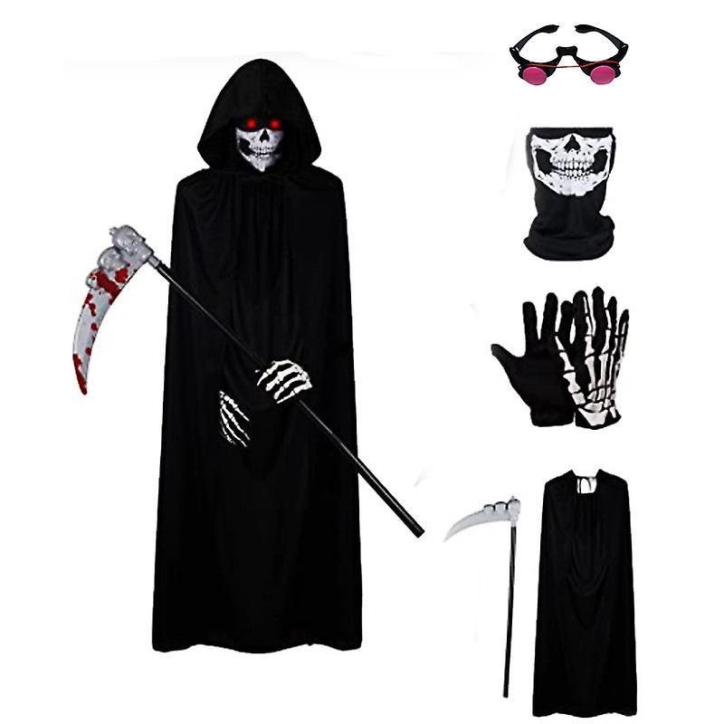 Phwj Halloween Costume, 175 Cm Grim Reaper Halloween Set With Death Scythe And Skeleton Gloves, Black Hooded Cape Unisex Halloween Costume Carnival...