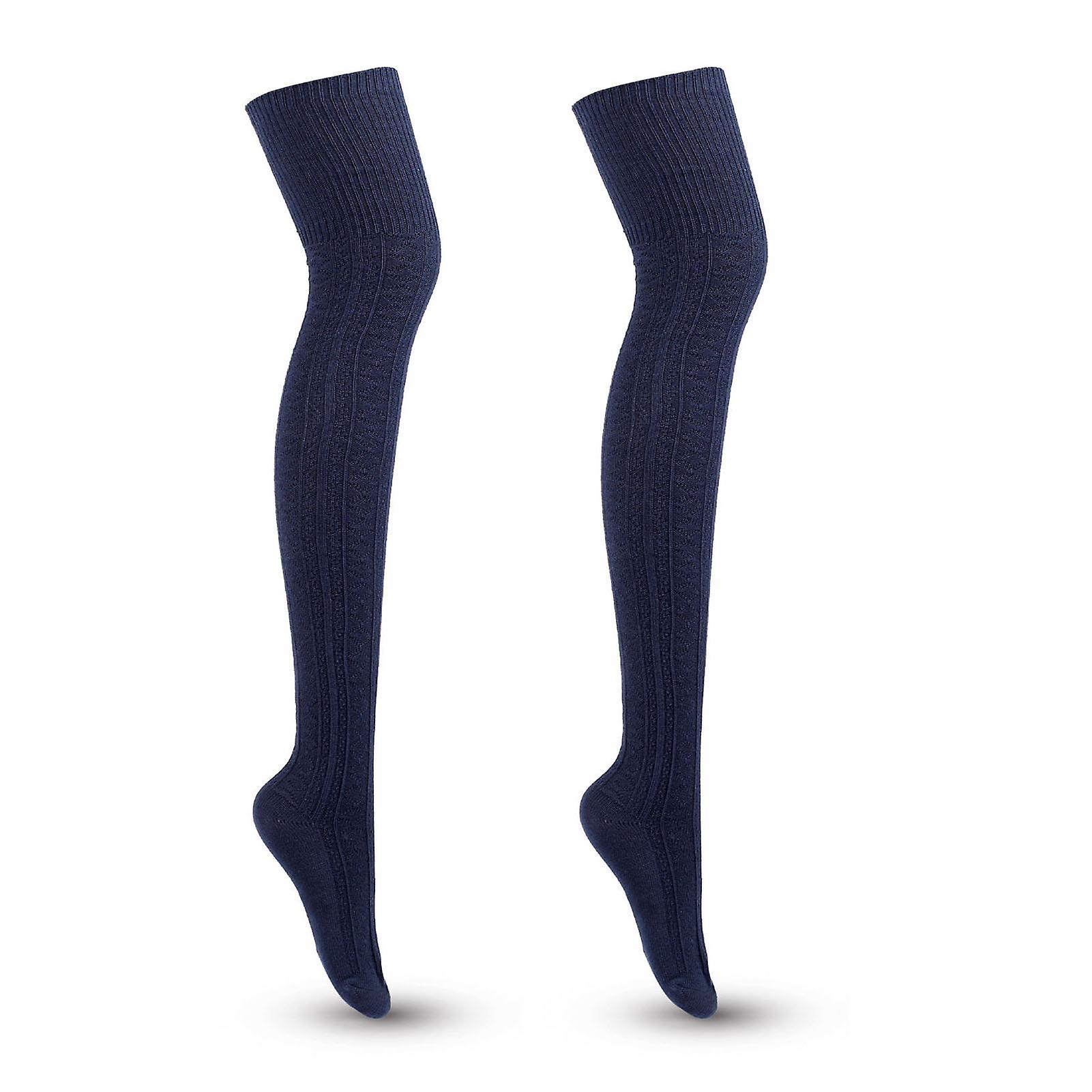 Tuelaly 1Pair Women Stockings Lengthened Breathable Cotton Over Knee Thigh Socks for Lady Cyan