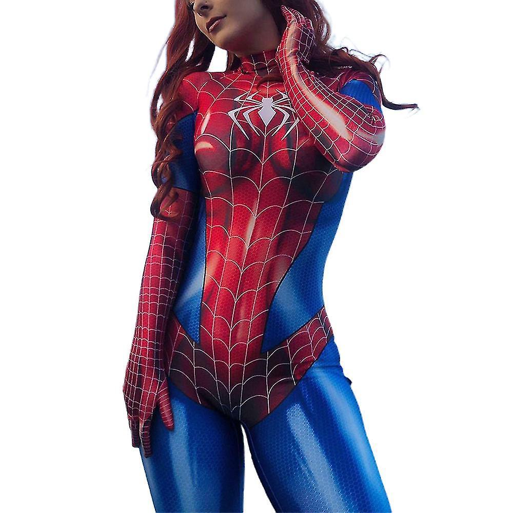 Shinestar Spider-woman Bodysuit Halloween Superhero Spider-girl Cosplay Costume Women Catsuit Stretch Jumpsuit Party Fancy Dress Up red/blue XL