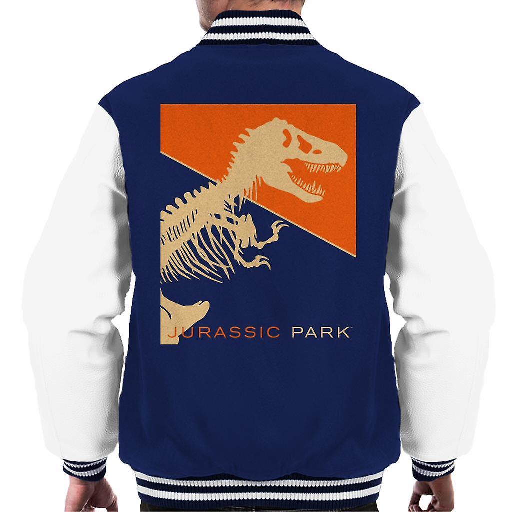 Jurassic Park T Rex Skeleton Orange Background Men's Varsity Jacket Navy/White Medium