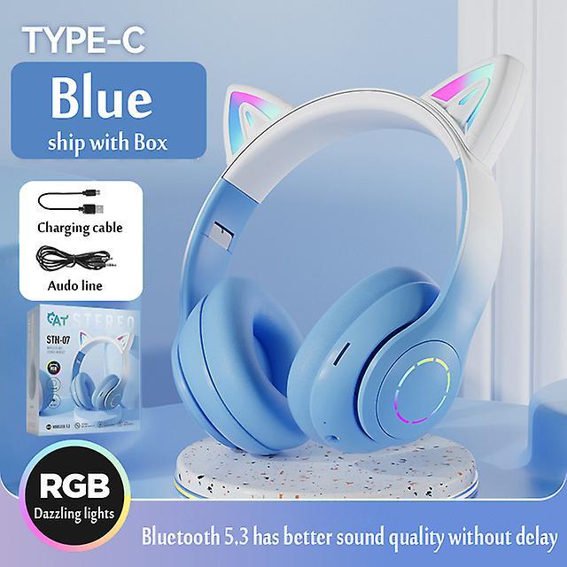 Headphones Cat Ear Headphone Bluetooth Wireless Music Headset Gradient Color Led Light With Mic Gamer Earphone Kids Lovely Christmas Gifts Blue STN