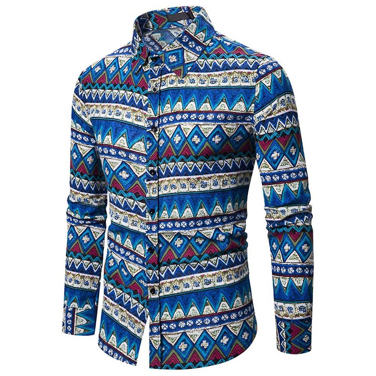 Allthemen Mens Casual Printed Long Sleeve Shirt Blue S