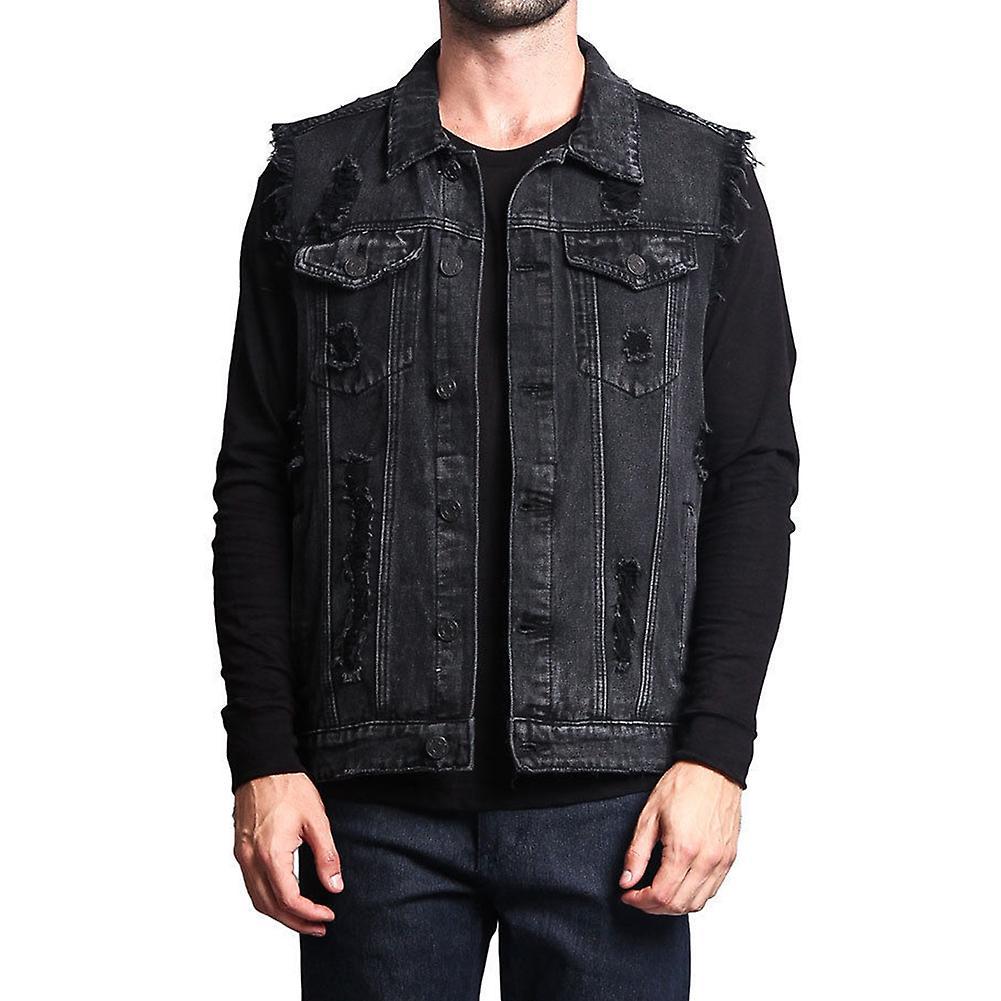 Yynuda Mens Ripped Brushed Sleeveless Jacket Casual Denim Vest Black 3XL