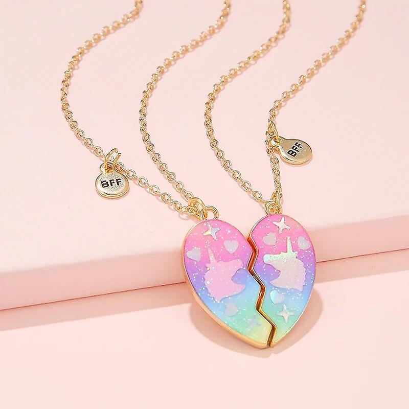 Begleri 2pcs/set Unicorn Pattern Glitter Heart Pendant Best Friends Bff Friendship Magnetic Necklace For Girls Jewelry Gift