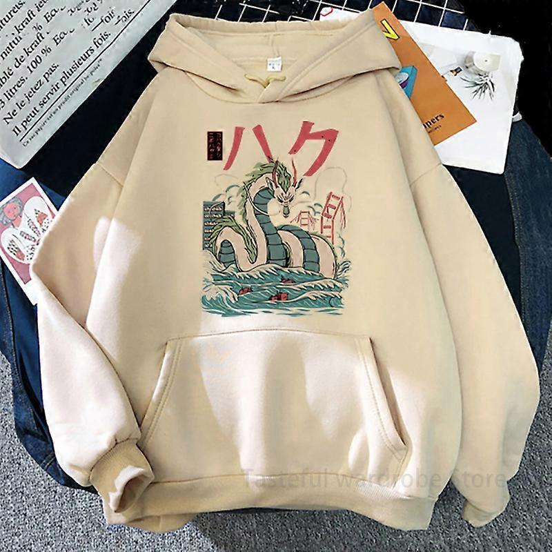 Redkid Japanese Anime Hoodie Funny Cartoon Studio Ghibli Totoro Print Sweatshirt Spirited Away Miyazaki Hayao Pullover Casual Hoody Beige XXL