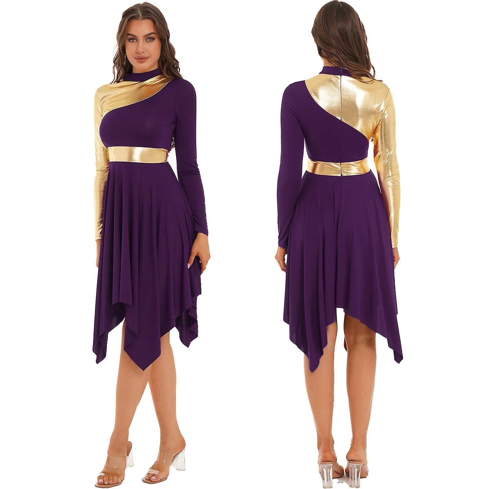 Aionyaaa Women Ballet Dress Modern Lyrical Dance Costume Long Sleeve Contrast Color Asymmetrical Gymnastics Leotard Ballroom Dress XL Dark Purple