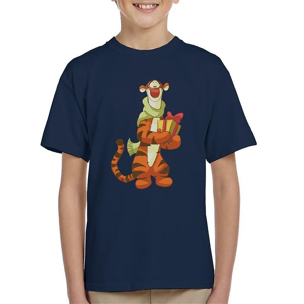 Disney Christmas Tigger Holding Present Kid's T-Shirt Navy Blue Large (9-11 yrs)