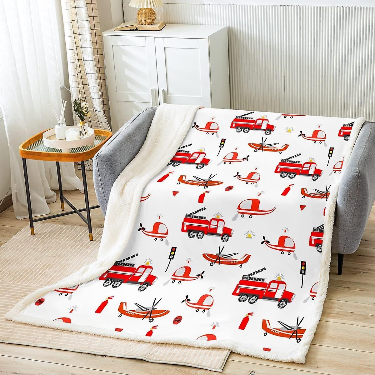 Kerota Aircraft Throw Blanket Fire Truck Car Sherpa Blanket For Kids Boys Toddler Cartoon Red Fire Engine Helicopter Plush Blanket Emergency Vehicl...