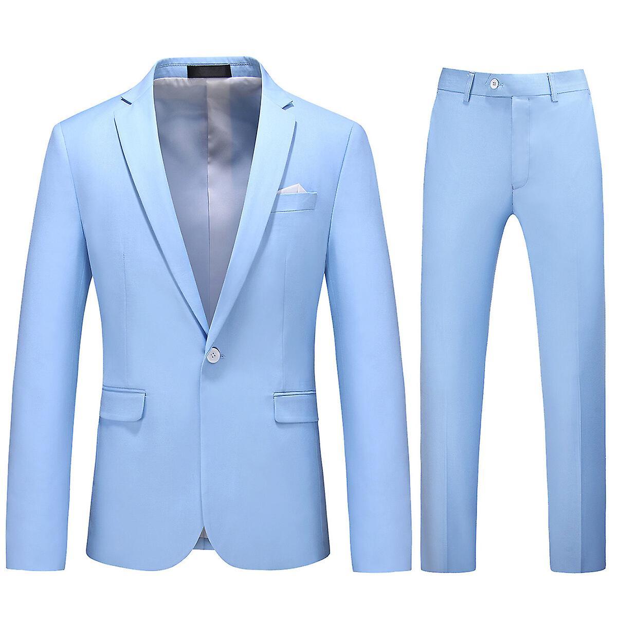 Allthemen Mens 2-Piece Solid Color Wedding Slim Fit Suit Jacket&Pants Sky blue XS