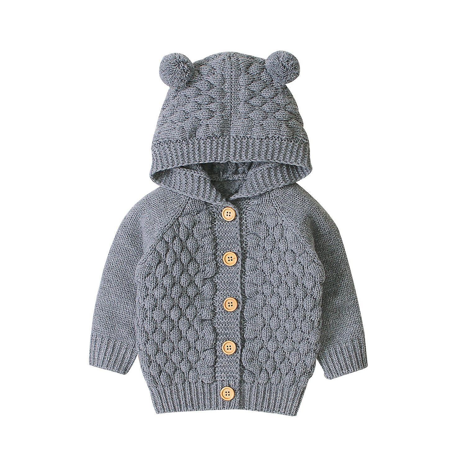 Slowmoose Baby Sweaters Toddler Knitted Outfit Clothes - Cute Hooded With Ear Winter Warm Gray 6M