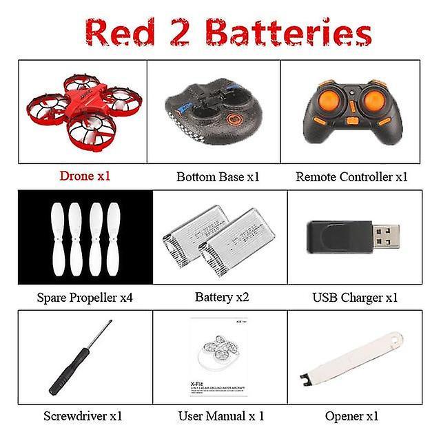 Slowmoose Jjrc H94 2.4g, 6 Axis, 3 In 1 Sea, Land, Air Rc Quadcopter Drone Red 2 Batteries