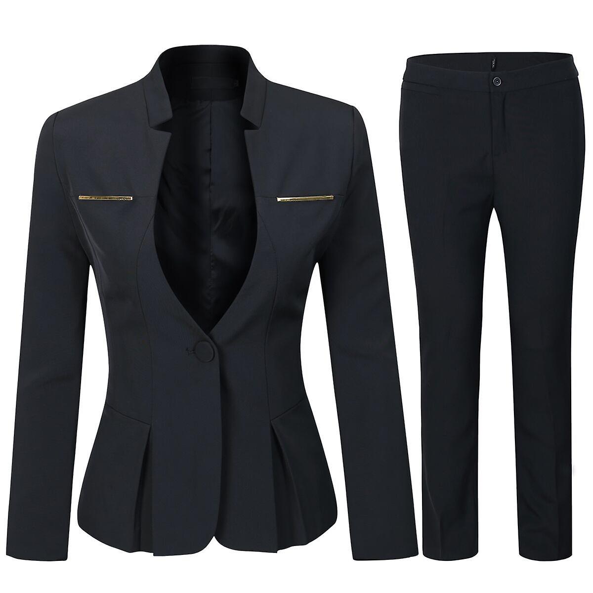 Yynuda Womens 2-piece Business Suit Ruffle Hem One Button Professional Workwear (blazer + Pants) Black M