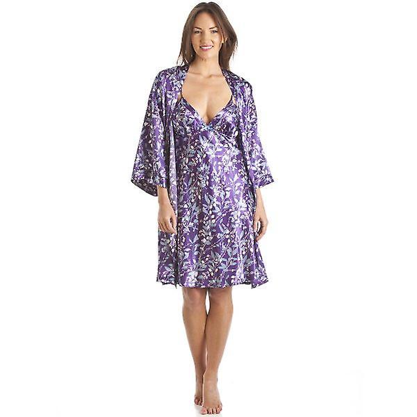 Women's Camille Luxury Kimono Style Purple Floral Print Chemise And Wrap Set 10-12