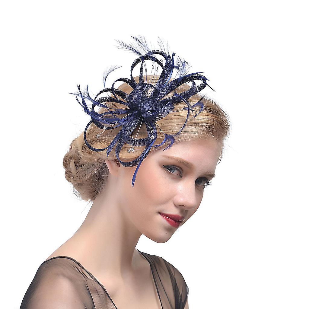 unbrand Wedding Bridal Fascinator Hat Ruffles Flower Feather Tea Party Women Girls Hair Navy blue