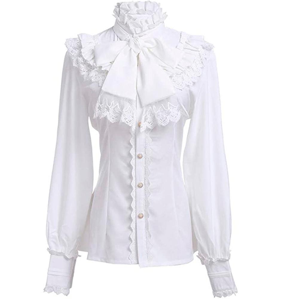 Waidfu Women's Victorian Blouse Vintage Stand-up Collar With Ruffles Long Medieval Blouse WHITE 2XL