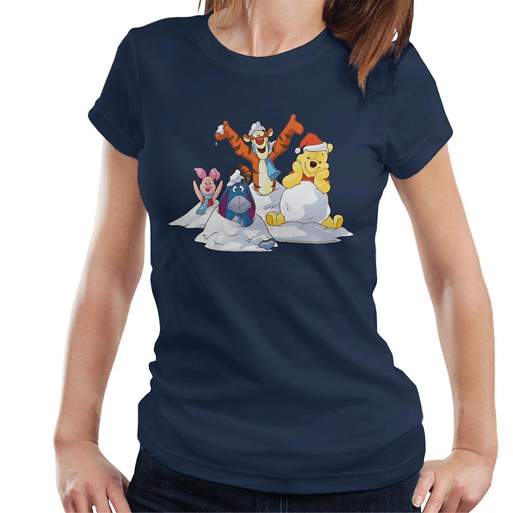 Disney Christmas Winnie The Pooh In The Snow With Friends Women's T-Shirt Navy Blue X-Large