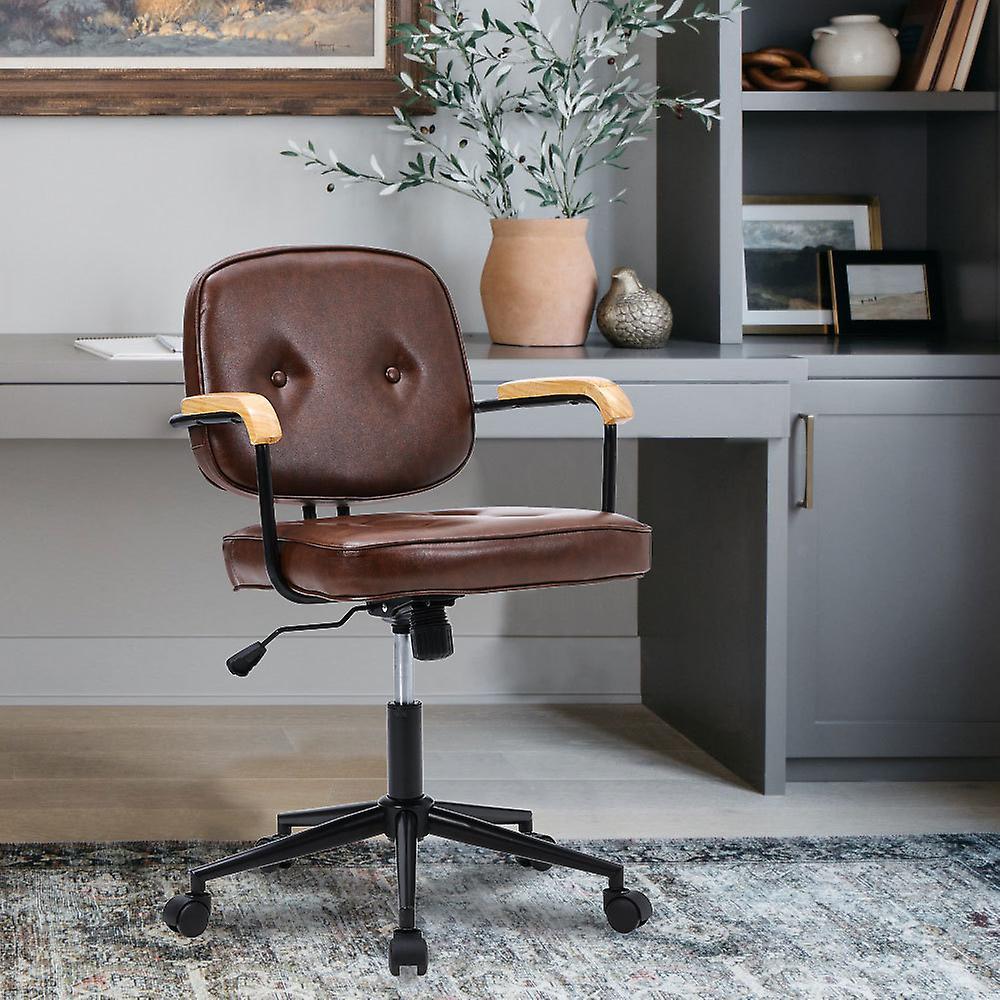 Living And Home Brown Leather Office Chair with Wood Armrests