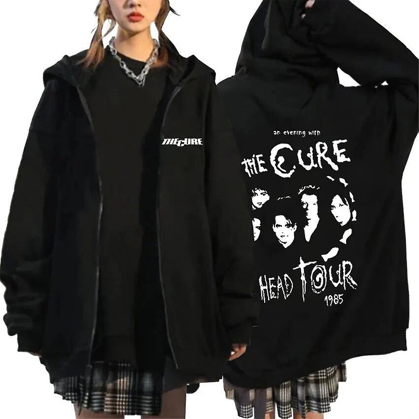 Visgaler Rock Band The Cure A Forest Print Zipper Hoodie Men Women Vintage Punk Gothic Sweatshirt Oversized Zip Up Jacket Coat Streetwear Black L