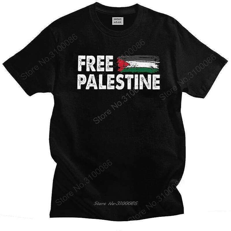 Exsha Palestine Flag Arabic T Shirt Men Pure Cotton Tshirt Casual Tee Tops Short Sleeved Palestinian Flag Patriotic T-shirt Black XXXL