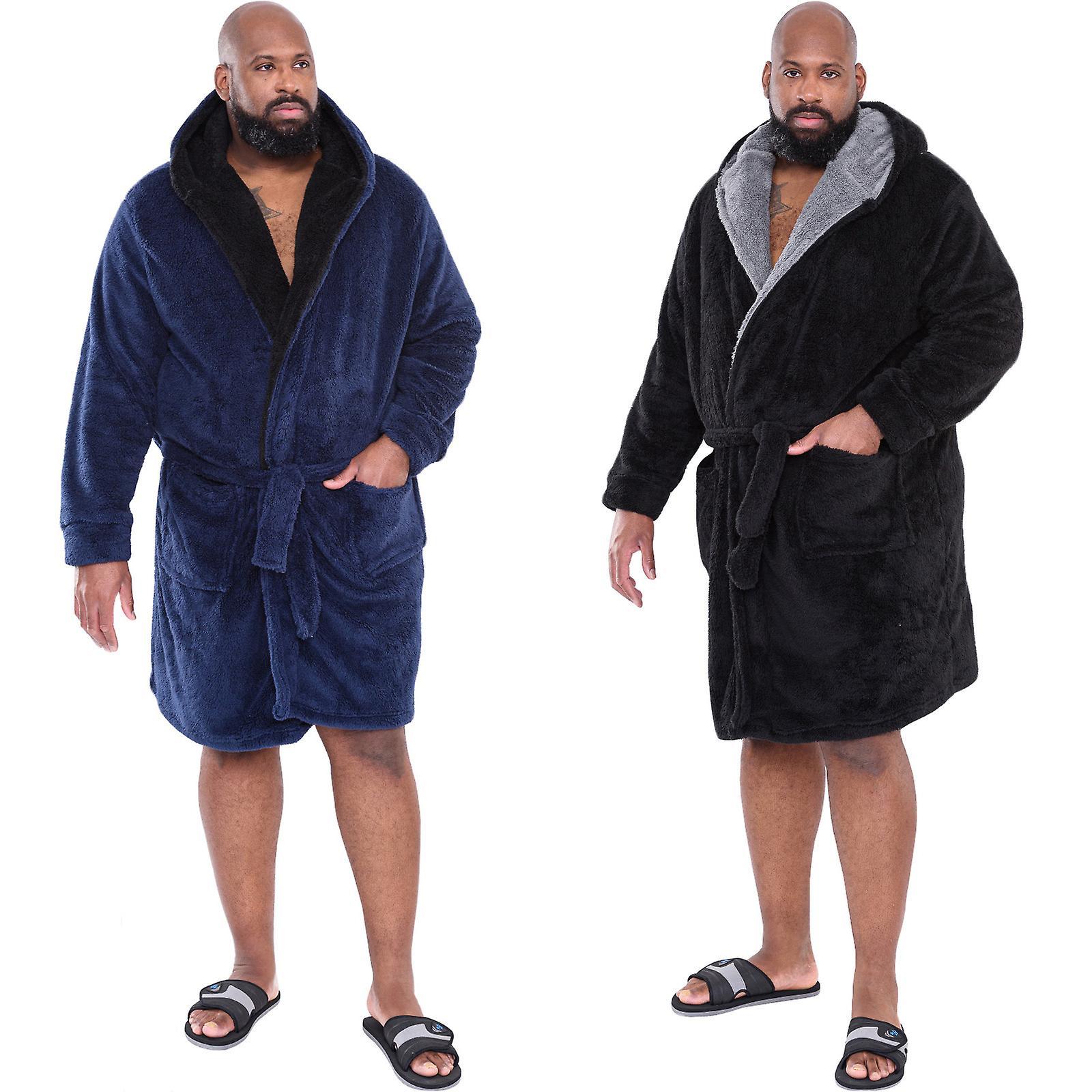 D555 Mens Newquay Big Tall King Size Super Soft Hooded Bath Robe Dressing Gown Navy 5XL