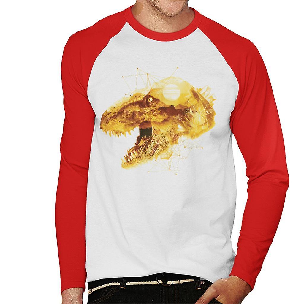 Jurassic Park T Rex Character Head Men's Baseball Long Sleeved T-Shirt White/Red Medium