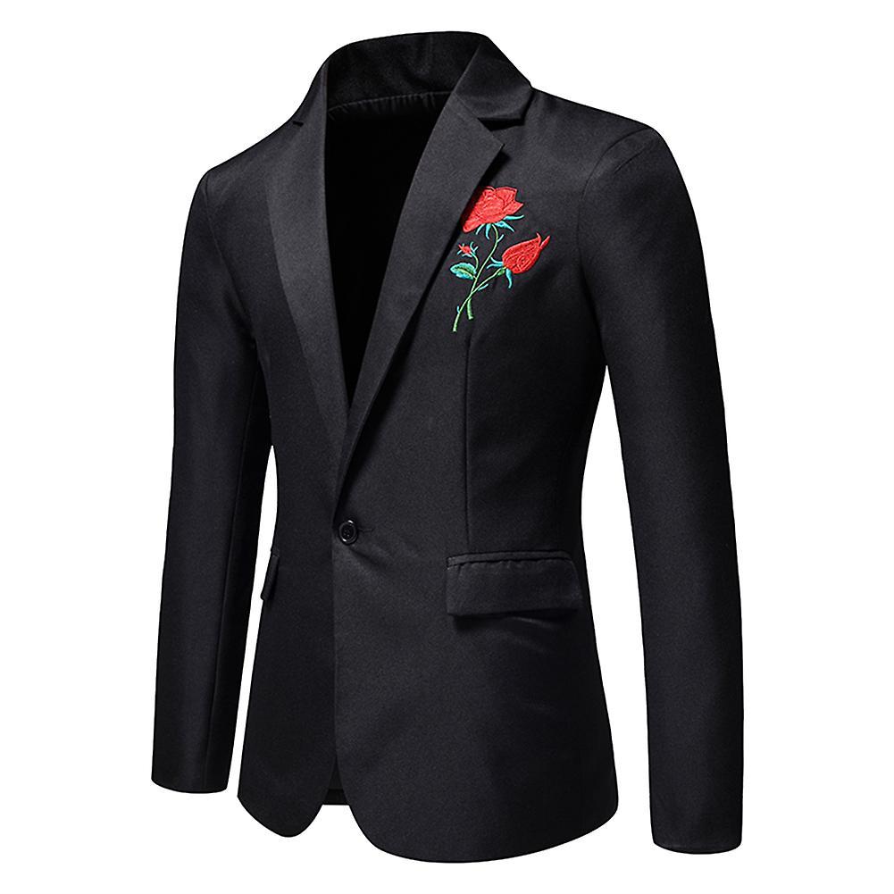 Allthemen Mens Rose Embroidered Notched Lapel One-button Blazer Black L